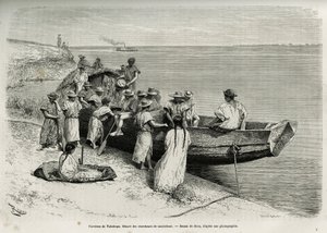 Het vertrek van rubberzoekers, in de buurt van Tabatinga (bovenste Amazonegebied). Gravure door Riou, illustratie van het verhaal van Cayenne aux Andes, door Jules Crevaux, arts van de Franse marine, in 1878-1879, gepubliceerd in Le tour du monde door Edouard Riou