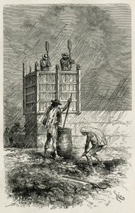 De tapial, een oude techniek van het bouwen van kleimuren met behulp van een houten bekisting, compact door stampen en drogen door de zon, gravure door Riou, ter illustratie van het verhaal L