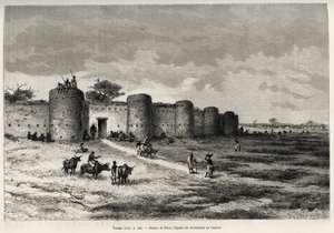 De stad Tiong-Gi (Tiong Gi, Mali), met zijn vestingwerken en kleitorens. Gravure door Riou, ter illustratie van het verhaal 