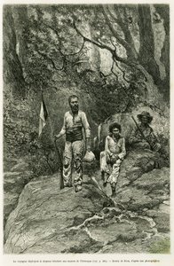 De reiziger die de driekleurige vlag ontplooit bij de bronnen van de Orinoco. Gravure door Riou, ter illustratie van het verhaal 