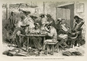 De werken van de natuurlijke historie, in Chipaque (Colombia), de voorbereiding van de uitdroging van planten voor herbarium, onder de nieuwsgierige blik van de Indianen, tekening door E. Riou, ter illustratie van de reis naar equinoxiaal Amerika (Colombia