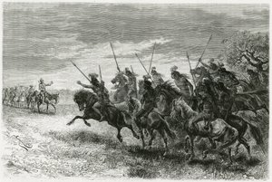 Tobas-indianen (uit de Chaco-regio, tussen Paraguay en Bolivia) weigeren over te gaan naar de colonne van de Thouar-expeditie. Gravure door Riou, ter illustratie van het verhaal 