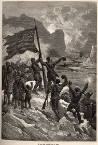 De bemanning van Tyson, na enkele dagen drijven op een ijsberg, zag eindelijk een walvisvaarder en zwaaide met de Amerikaanse vlag om gezien en gered te worden, gegraveerd naar een tekening van E. Riou, ter illustratie van het verhaal van de Polaris, ijsvl door Edouard Riou
