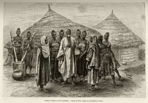 Vrouwen van Samory Toure (circa 1835-1898) oorlogshoofd van de Niger-bocht en hun toezichthouder, Sonninke, die Arabisch kan lezen en schrijven, zoals blijkt uit het papier dat hij in zijn hand houdt. Gravure door Riou, ter illustratie van het verhaal 