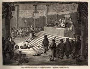 Een Chinese rechtbank, de beschuldigde verschijnt voor de rechtbank omringd door een gendarme die hem geketend houdt en zijn beul. Illustratie van de reis van Shanghai naar Moskou van 1859 tot 1862 van M. de Bourboulon, Frans minister in China door Edouard Vaumort