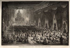 Religieuze ceremonie in een Chinese lamasserie, tekening door Vaumort, ter illustratie van de reis van Shanghai naar Moskou, van 1859 tot 1862, van M. de Bourboulon, Franse minister in China. Gravure in 