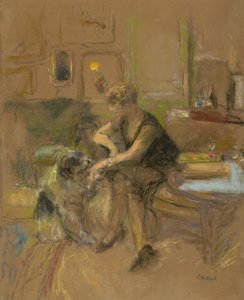 Gabrielle Jonas speelt met een hond, 1927