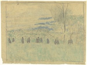 Landschap met wandelaars: begrafenisoptocht (?) door Edouard Vuillard