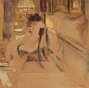 Mevrouw Hessel die onder de Lamp Naait