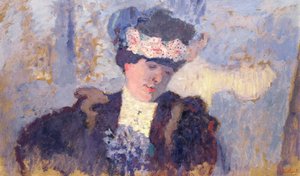 Madame Hessel met een hoed versierd met bloemen