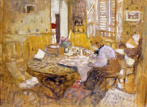 Madame Vuillard leest in de eetkamer, rue Truffant door Edouard Vuillard