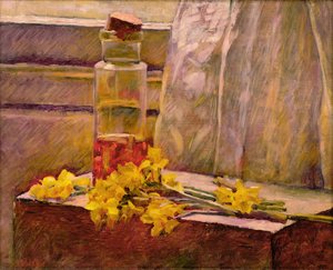 Stilleven van bloemen met een pot op een tafel
