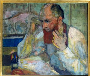 De komiek Aurelien Lugne Poe (Lugne-Poe) (1869-1940) maakt zich op, 20e eeuw Parijs, Comédie des Champs-Élysées (olie op doek)
