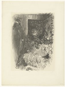 Twee vrouwen en man in verlicht interieur door Edouard Vuillard