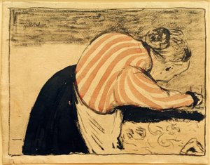 Oude vrouw die over de tafel buigt door Edouard Vuillard