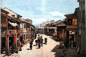 Een straat in Hong Kong in het midden van de negentiende eeuw door Eduard (after) Hildebrandt