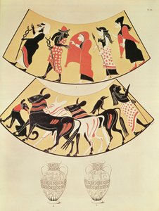 Ontwerpen van een Etruskische vaas die een processie van priesters en het uitzetten van de grenzen van een nieuwe stad met een door ossen getrokken ploeg weergeven door Eduard Gerhardt