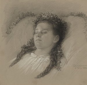 Een Meisje op Haar Sterfbed met een Bloemenkroon door Eduard Julius Friedrich Bendemann