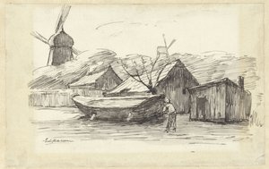 Boot, huizen en een windmolen door Eduard Karsen