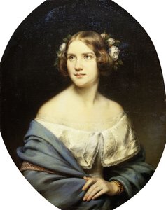 Portret van Jenny Lind, staand half lengte in een witte jurk en een lichtblauwe sjaal door Eduard Magnus