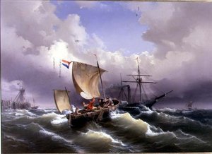 Schepen in Woelig Water voor een Kustlijn door Eduard Schmidt
