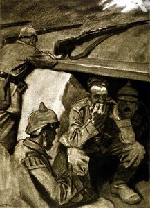 Een mondharmonica in de loopgraven, illustratie uit een Duits tijdschrift, 