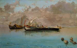 Marina met vissersboten, door Eduardo Dalbono (1841-1915), olieverf op doek, 64,5x104,5 cm