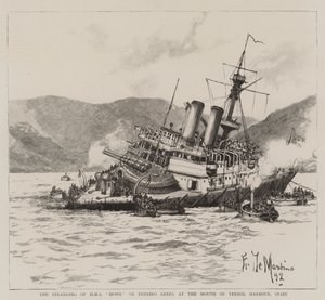 Het stranden van HMS Howe op de Pereiro-riffen, bij de monding van de haven van Ferrol, Spanje door Eduardo de Martino