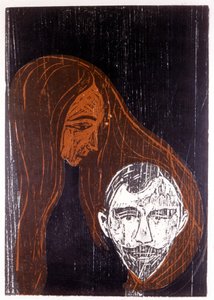 Hoofd van een man in het haar van een vrouw door Edvard Munch