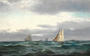 Marine met verschillende schepen, grijze regenwolken en een beetje blauwe lucht door Edvard Skari