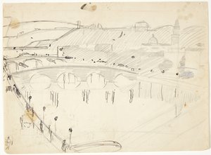 Uitzicht vanuit een raam bij Lungarno over de rivier naar Santo Spirito en San Miniatohöjderne, Florence door Edvard Weie