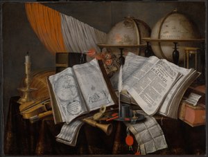Een vanitas stilleven met een vlag, kandelaar, muziekinstrumenten, boeken, schrijfgerei, globes en zandloper
