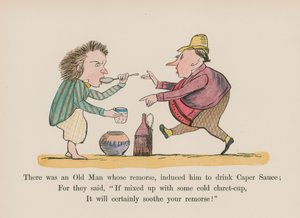 Er was een oude man wiens berouw hem ertoe bracht kapersaus te drinken (gekleurde gravure) door Edward (after) Lear