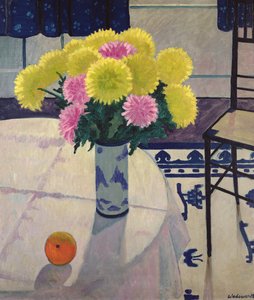 Stilleven met chrysanten in een vaas