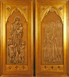 Christus zegent de kleine kinderen en vrouwen brengen kinderen naar de aanwezigheid van Christus door Edward Coley Burne Jones