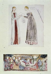 Twee dienstmeisjes, een kopie van De Geboorte van Maria door Giovanni da Milano door Edward Coley Burne Jones