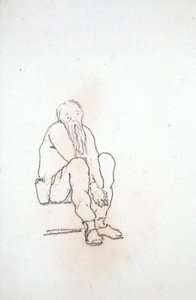 Zelfportret van de kunstenaar, zittend, met zijn handen tussen zijn knieën, uit een album met tekeningen door Edward Coley Burne Jones