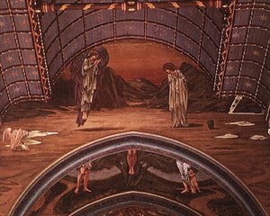 De Annunciatie en een deel van een allegorische kruisiging door Edward Coley Burne Jones