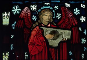 Detail van de Muzikale Engel, gemaakt door William Morris en Co., 1882