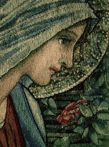 Het Gezicht van de Maagd, detail van De Aanbidding der Wijzen, gemaakt door William Morris en Co. Merton Abbey handgeweven wol tapijt (detail)