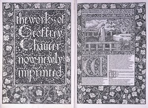 Titelpagina en openingspagina van de Kelmscott Press editie van "The Works of Geoffrey Chaucer", 1896 door Edward Burne Jones