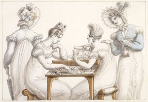 Dames die silhouetten uitsnijden: en dames die converseren in een interieur door Edward Francis Burney