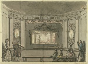 Schilderij van de Loutherbourgs Eido Phusikon met Satan die de rebellerende engelen opwekt door Edward Francis Burney
