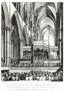 Uitzicht op de galerij voorbereid voor de ontvangst van hun Majesteiten de Koninklijke Familie, Directeuren en voorname personen in het Koninkrijk bij de herdenking van Handel in Westminster Abbey, gegraveerd door Joh