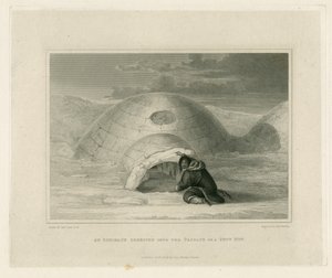 Een Eskimo kruipt in de doorgang van een sneeuwhut
