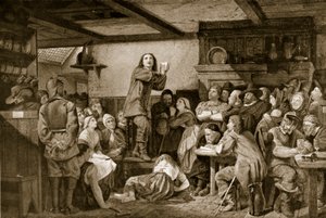 George Fox predikend in een taveerne, c.1650 door Edward Henry Wehnert