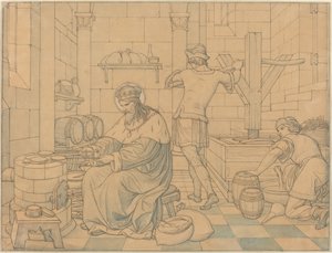 Sint Wenzel bakt hosties terwijl twee jongeren wijn persen