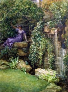"De prinses en de kikker" Ontmoeting in een romantische tuin van een jonge prinses en een kikker (Prince Charming), Schilderij door Edward John Poynter (1836-1919) (prerafaëliet)