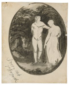 Een paar in een bosrijk landschap in een ovaal door Edward Lear