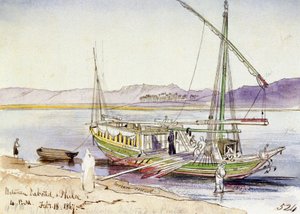 Egyptische boot aangemeerd aan de oever van de Nijl, tussen Daboad en Phila